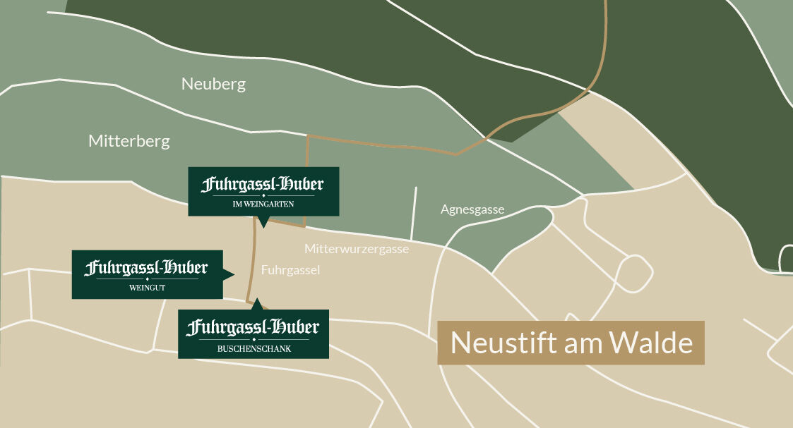Karte mit der Lage von Fuhrgassl-Huber in Neustift am Walde mit eingezeichneten Straßen und Ortsnamen.