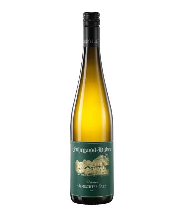 Eine Flasche Fuhrgassl-Huber Wiener Gemischter Satz Weißwein mit einem grünen Etikett.