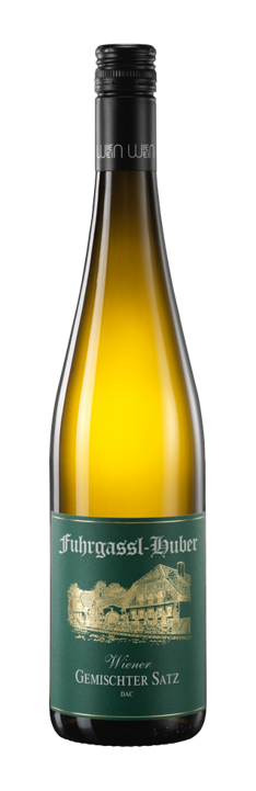 Eine Flasche Fuhrgassl-Huber Wiener Gemischter Satz Weißwein mit einem grünen Etikett.