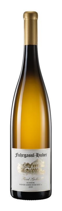 Eine hohe Weinflasche mit Goldfolienverschluss und einem weißen Etikett mit der Aufschrift 'Fuhrgassl-Huber'.