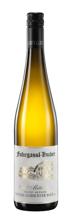 Eine Flasche Fuhrgassl-Huber Wiener Gemischter Satz Weißwein mit schwarzem Verschluss und weißem Etikett.