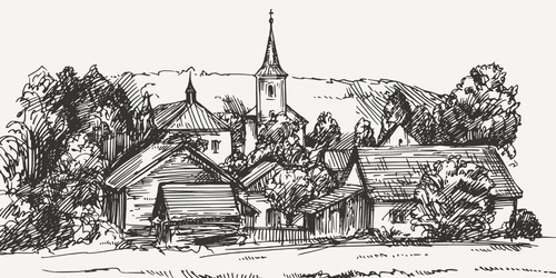 Schwarz-Weiß-Skizze eines Dorfes mit Häusern, Bäumen und einer Kirche mit einem hohen Kirchturm im Hintergrund.
