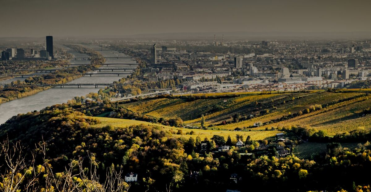 Blick auf eine Stadt mit einem Fluss, mehreren Brücken und grünen Hügeln im Vordergrund unter einem dunstigen Himmel.
