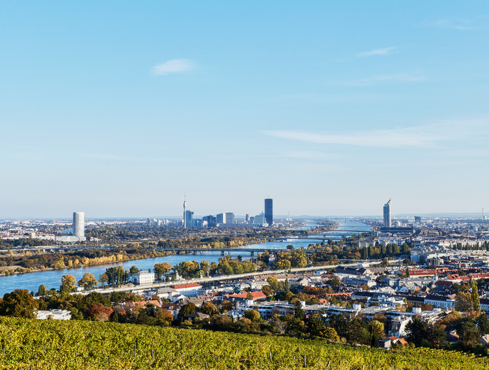 Eine Stadtlandschaft mit einem Fluss, modernen Gebäuden und einem klaren blauen Himmel im Hintergrund.