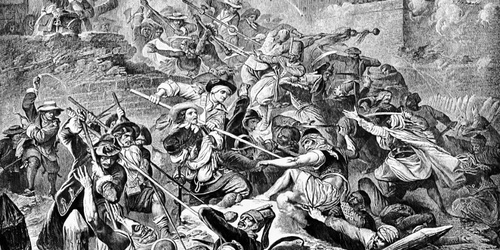 Historische Schlachtszene mit Soldaten, die mit Speeren und Schwertern kämpfen, dargestellt in einem detaillierten Schwarz-Weiß-Stich.