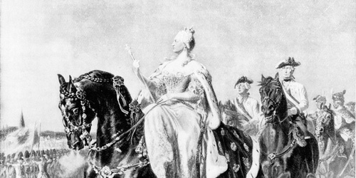 Eine historische Illustration einer königlichen Frau zu Pferd, die eine Prozession anführt, mit Soldaten hinter ihr.