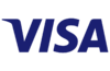 Visa-Logo in fetten blauen Buchstaben auf transparentem Hintergrund.